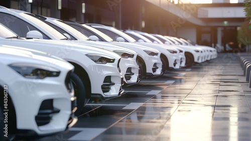 Sleek white cars perfectly aligned in a modern parking lot, reflecting sunlight, suggesting elegance and luxury in urban mobility.