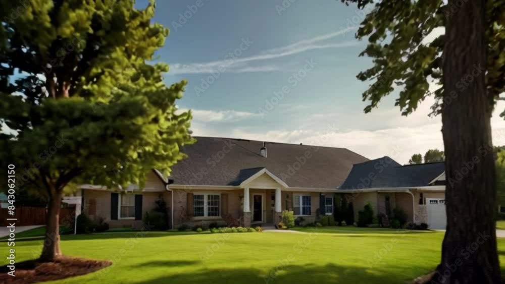 One-Story Brick House with Green Lawn and Trees One-Story Brick House with Green Lawn and Trees