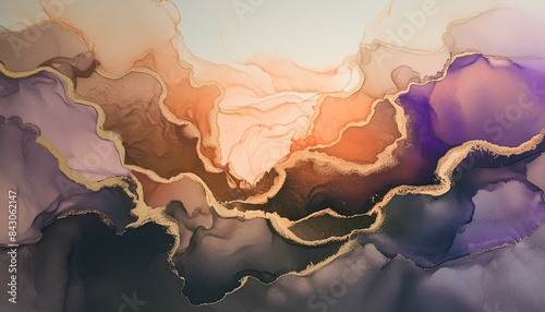 Ethereal Flow: Abstract Watercolor in Purple, Orange, and Gold