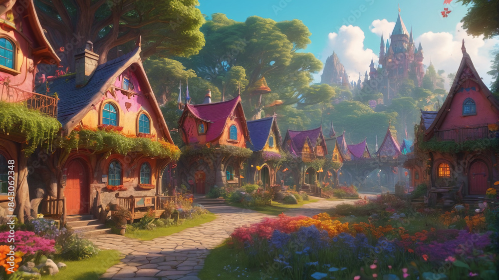 Nestled in the heart of the enchanted forest, the elf village bursts with vibrant colors, its whimsical buildings adorned with rainbow-hued banners, Generative AI Nestled in the heart of the enchanted forest, the elf village bursts with vibrant colors, its whimsical buildings adorned with rainbow-hued banners, Generative AI