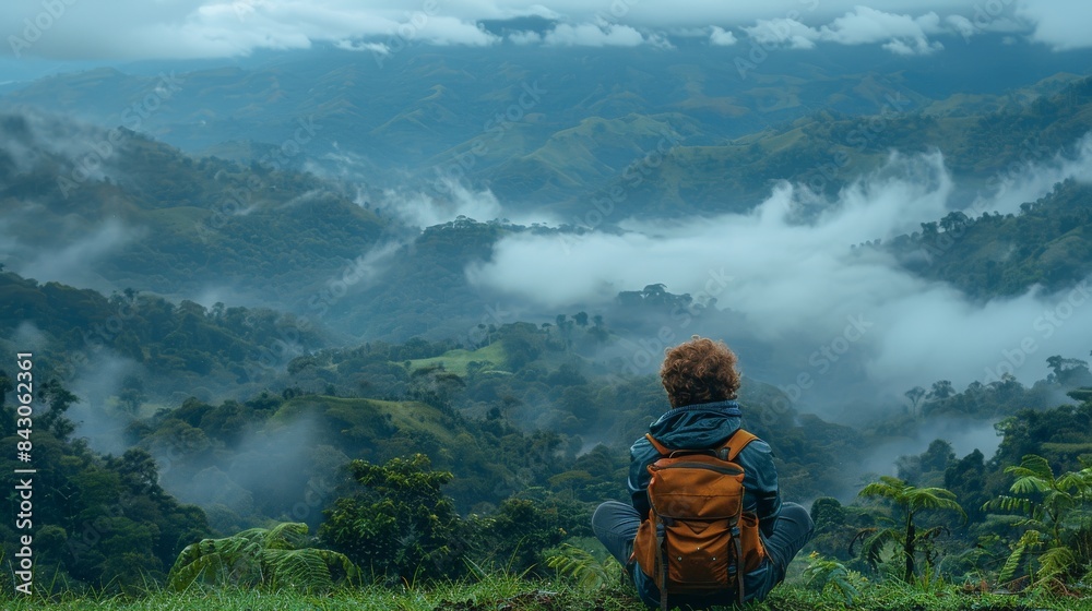 A solo adventurer with a backpack sits facing a misty mountainous landscape, lost in the beauty of nature A solo adventurer with a backpack sits facing a misty mountainous landscape, lost in the beauty of nature