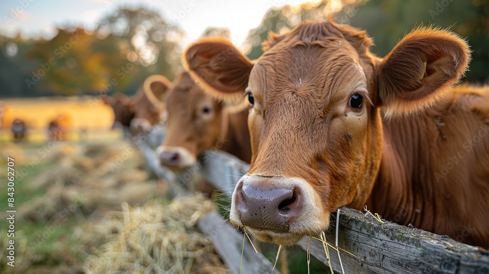 Cows peering over a wooden fence in a picturesque setting with warm sunset lighting in the background Cows peering over a wooden fence in a picturesque setting with warm sunset lighting in the background