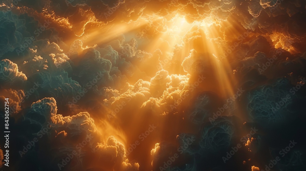 Majestic clouds illuminated by stunning sunbeams, conveying a sense of wonder and heavenly beauty Majestic clouds illuminated by stunning sunbeams, conveying a sense of wonder and heavenly beauty