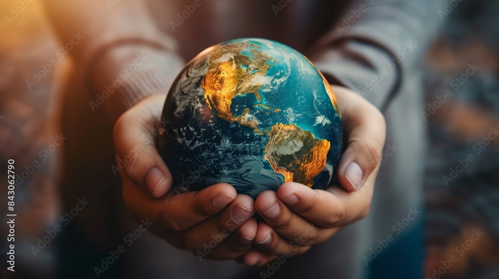 Fototapeta premium Gentle hands holding a globe, promoting World Water Day, minimalistic light setting, soft focus-- style raw