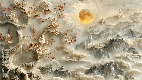 3d Chinese landscape Wallpaper Background golden art for digital printing wallpaper, mural, custom design wallpaper. AI generated illustration
