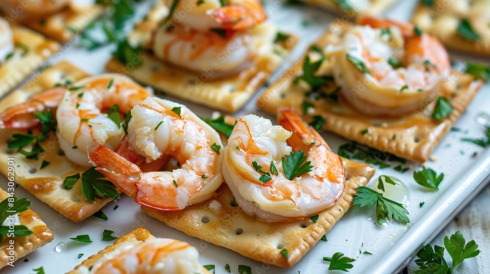 Snack of saltine crackers topped with shrimp and parsley Snack of saltine crackers topped with shrimp and parsley