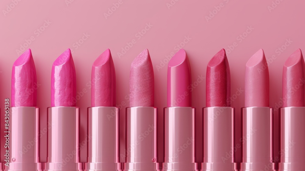 Horizontal lineup of pink lipstick shades, isolated on pink, highly detailed photorealistic image, perfect for cosmetic advertisements Horizontal lineup of pink lipstick shades, isolated on pink, highly detailed photorealistic image, perfect for cosmetic advertisements