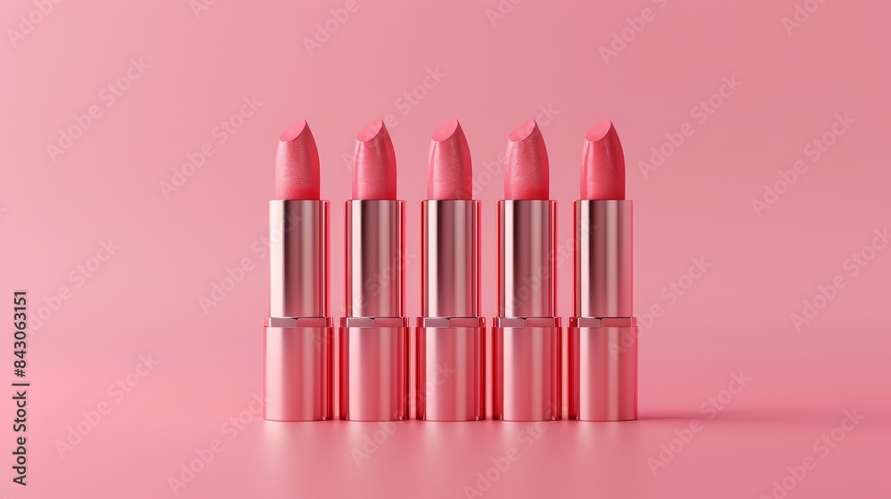 Horizontal lineup of pink lipstick shades, isolated on pink, highly detailed photorealistic image, perfect for cosmetic advertisements Horizontal lineup of pink lipstick shades, isolated on pink, highly detailed photorealistic image, perfect for cosmetic advertisements