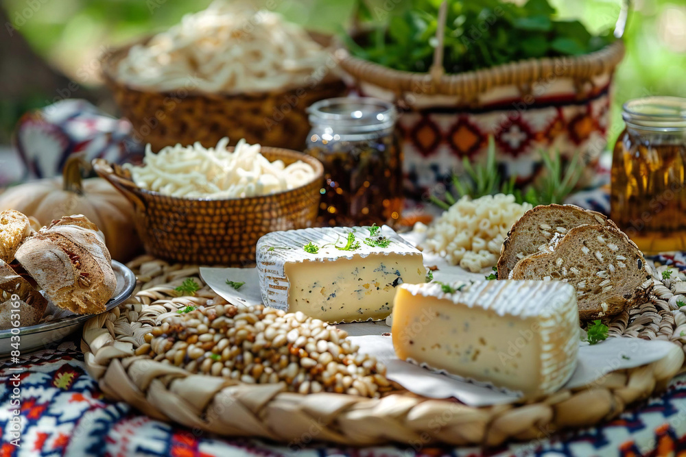 Restoration Day (Latvia). A cozy outdoor picnic setting with a table covered in traditional Latvian foods like jāņi cheese, rye bread, and aromatic herbal teas. Restoration Day (Latvia). A cozy outdoor picnic setting with a table covered in traditional Latvian foods like jāņi cheese, rye bread, and aromatic herbal teas.