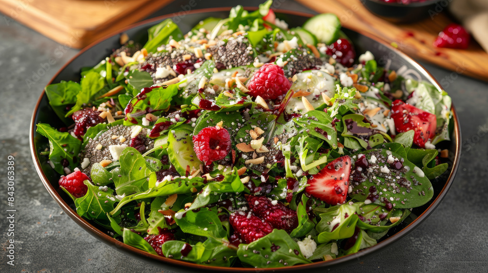 Refreshing salad loaded with chopped superfoods, drizzled with a tangy raspberry acai dressing, and sprinkled with a nutty blend of hemp, chia, and flax seeds. Refreshing salad loaded with chopped superfoods, drizzled with a tangy raspberry acai dressing, and sprinkled with a nutty blend of hemp, chia, and flax seeds.