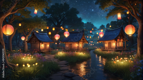 Illuminated by the soft glow of fireflies, the elf village twinkles with colorful lanterns and glowing orbs, turning the night into a magical spectacle of light and color, Generative AI