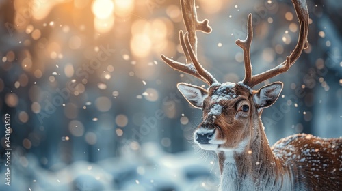 A majestic deer stands in a snowy forest setting as snowflakes gently fall, encapsulating a serene winter scene © svastix