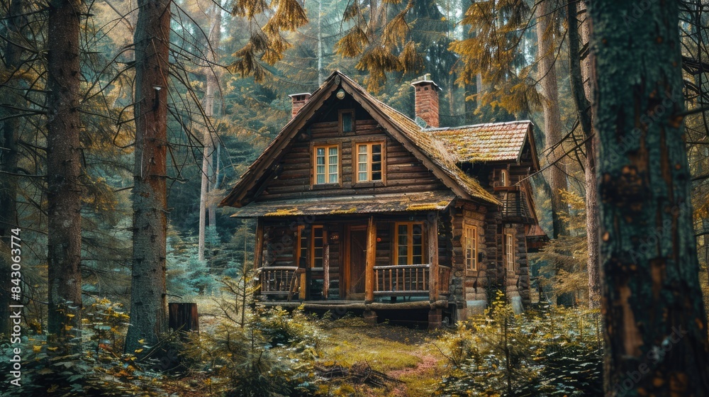 Cabin Vacation. Old Wooden House Surrounded by Nature in Forest Setting Cabin Vacation. Old Wooden House Surrounded by Nature in Forest Setting