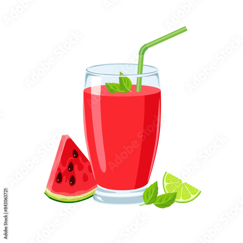 Watermelon juice with lime and mint. Glass of fresh red fruit smoothie. Vector cartoon flat illustration.