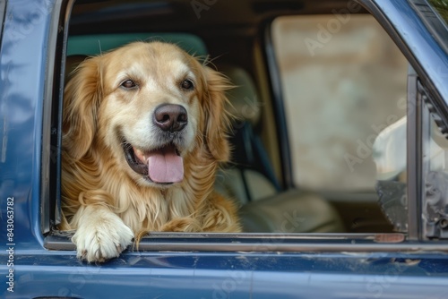 Car Funny. Happy Golden Retriever Dog Enjoying a Ride with Head Out of Car Window