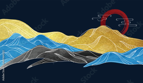 Oriental Japanese style vector abstract illustration, background in Asian traditional style, wavy shapes and mountains terrain, runny like sea lines.