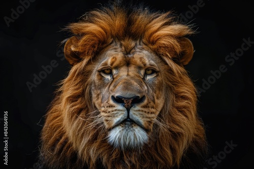 Lion African. Big Male Lion Portrait with Majestic Mane on Black Background © Popelniushka
