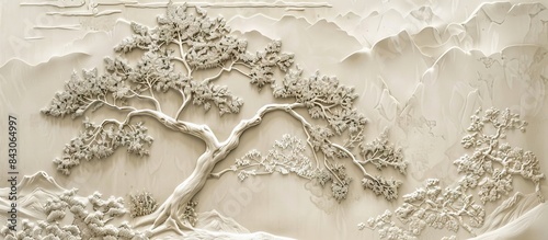 Fototapeta Naklejka Na Ścianę i Meble -  Beautiful Chinese landscape 3d relief wallpaper. Mural wallpaper. Wall art. AI generated illustration.