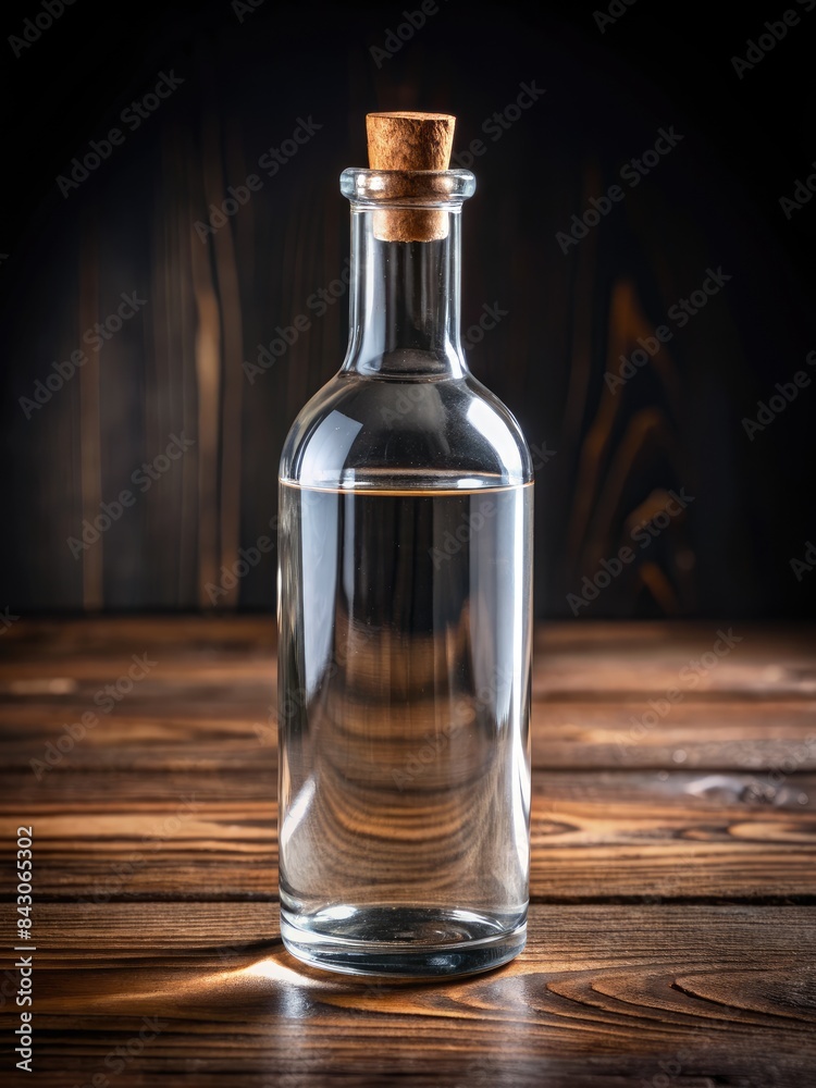Glass bottle of clear liquid on a wooden table. Glass bottle of clear liquid on a wooden table.