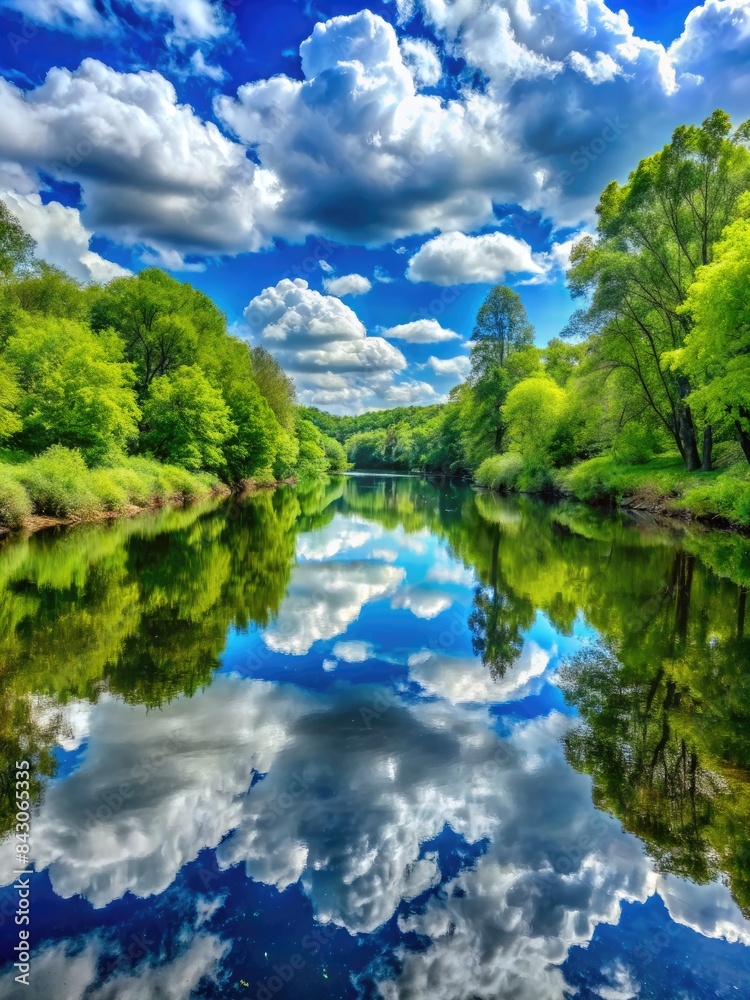 Serene river reflecting blue sky and green trees. Serene river reflecting blue sky and green trees.