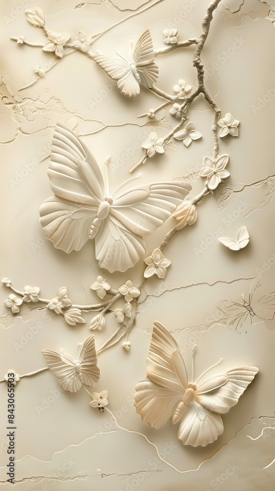 Beautiful butterfly 3d relief wallpaper. Mural wallpaper. Wall art. AI generated illustration. Beautiful butterfly 3d relief wallpaper. Mural wallpaper. Wall art. AI generated illustration.