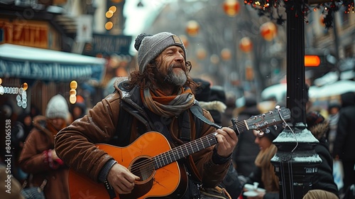 A man is playing a guitar in a busy street