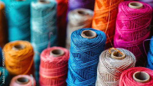 Spools of bright yarn in different materials like cotton, wool, and linen make a colorful background. These threads are used for sewing and embroidery.