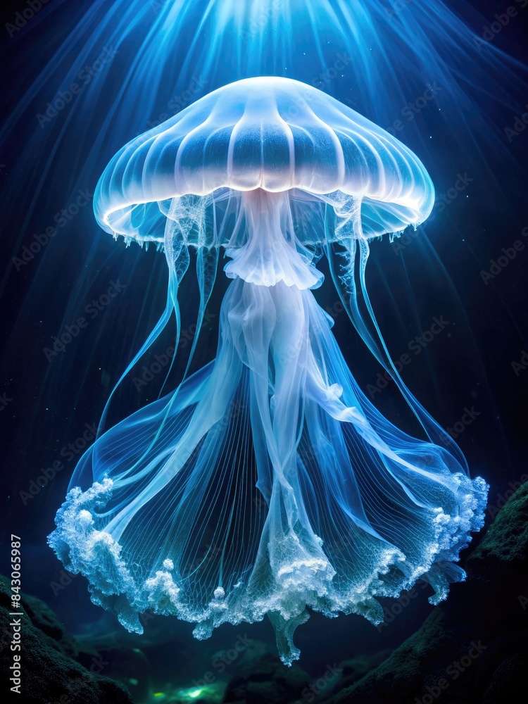 Glowing jellyfish in the deep ocean. Glowing jellyfish in the deep ocean.
