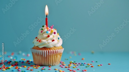 Colorful birthday cupcake with a single candle. Ideal for celebrations and party invitations. The style is modern and bright with a minimalist background. AI
