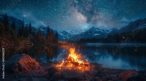 A vibrant campfire burns brightly under a starry sky with a backdrop of majestic mountains and a serene lake photo