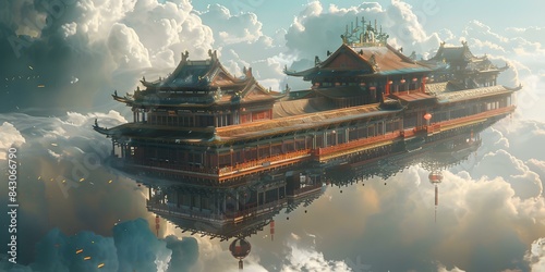 An oriental palace floating above the clouds photo