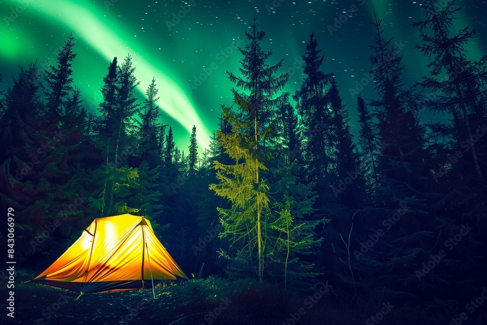 A glowing yellow camping tent at the edge of a dense, dark forest, with the green northern lights illuminating the trees and the tent, creating a contrast between the darkness of the woods. A glowing yellow camping tent at the edge of a dense, dark forest, with the green northern lights illuminating the trees and the tent, creating a contrast between the darkness of the woods.