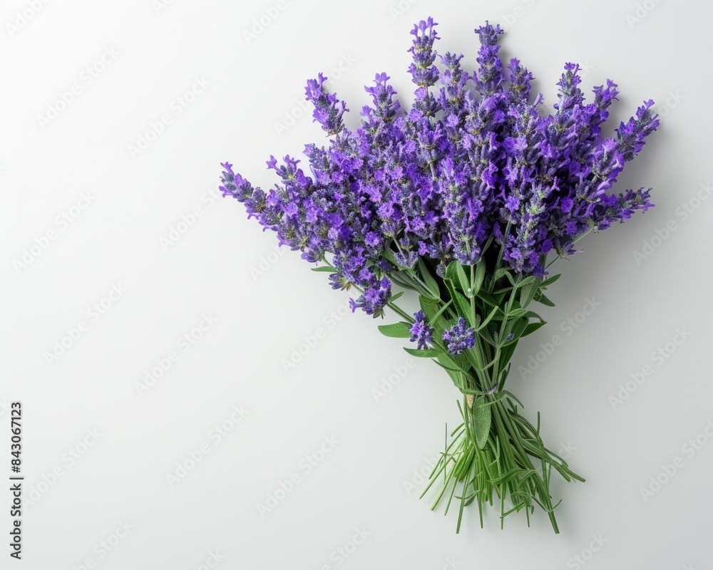 Naklejka premium Flowers From Above. Lavandula Bouquet in Blossoming Purple and Blue on White Background