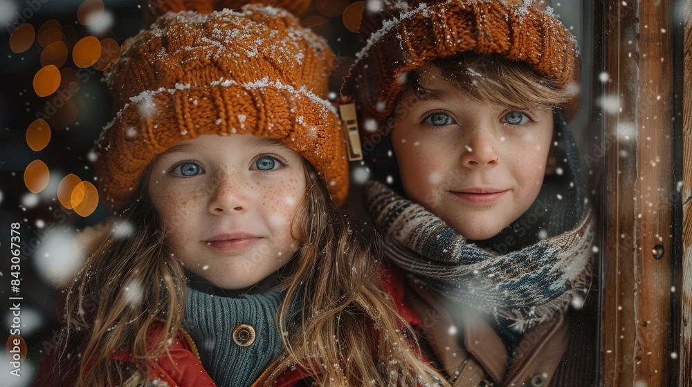 Two children in warm hats enjoying the snowflakes by a window, wintery and holiday spirit
