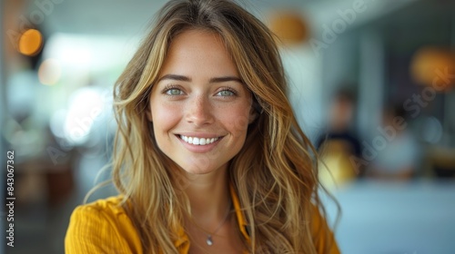 Smiling young woman in a casual yellow top with a soft-focus indoor background