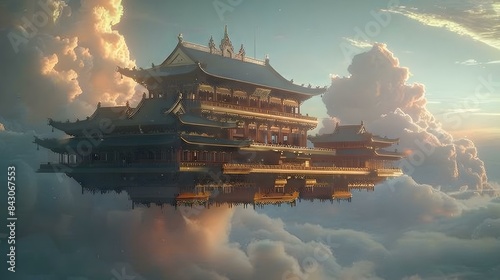 An illustration of a Chinese palace floating in the sky photo
