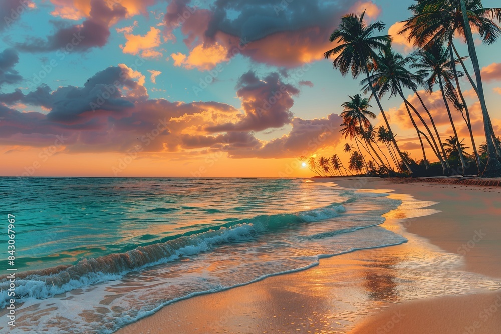 A pristine tropical beach at sunset, the sky painted in vibrant hues of orange, pink, and purple. Tall, majestic palm trees line the shoreline.