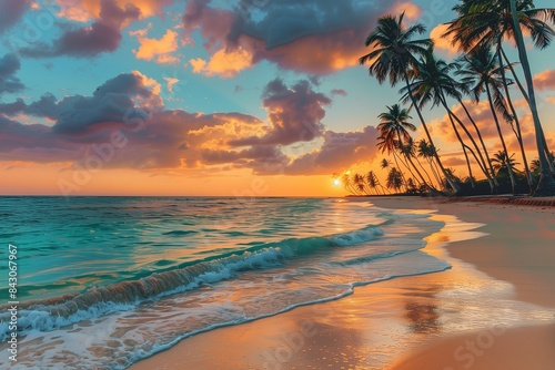 A pristine tropical beach at sunset  the sky painted in vibrant hues of orange  pink  and purple. Tall  majestic palm trees line the shoreline.