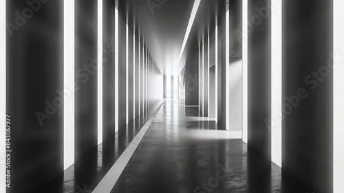 abstract black and white background with long corridor in the center, minimalistic geometric lines on clean wall, light reflection from the floor