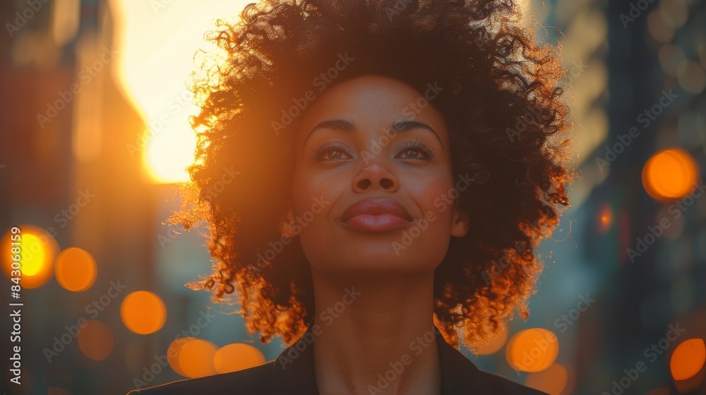 Woman with curly afro hair against a background of sunset and city lights Woman with curly afro hair against a background of sunset and city lights