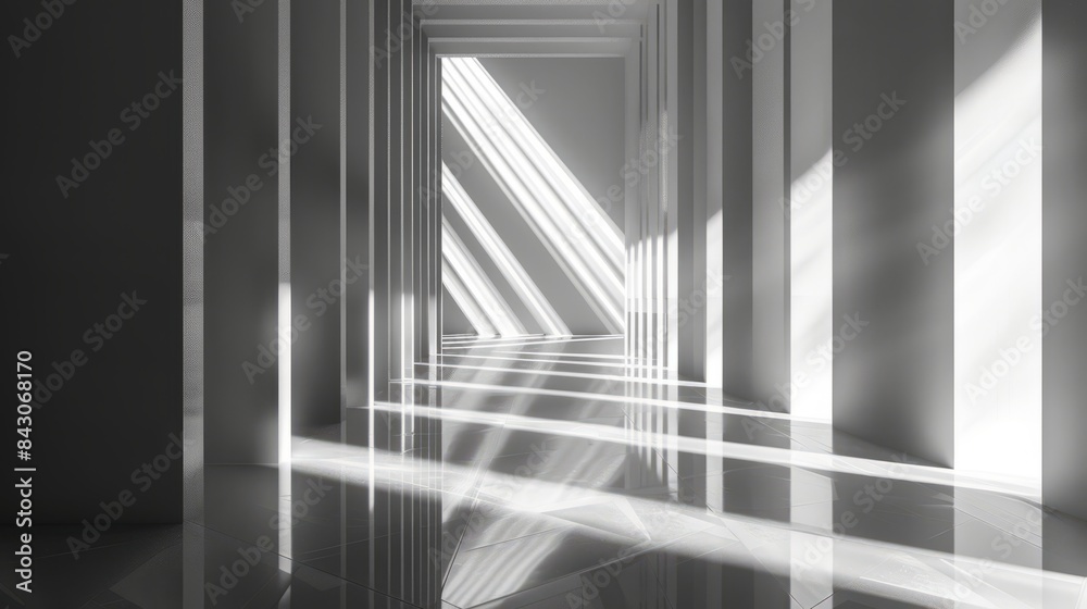 abstract black and white background with long corridor in the center, minimalistic geometric lines on clean wall, light reflection from the floor abstract black and white background with long corridor in the center, minimalistic geometric lines on clean wall, light reflection from the floor