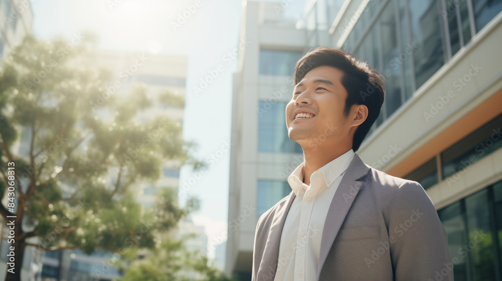 Confident happy smiling Asian businessman standing in the city, man entrepreneur in business suit Confident happy smiling Asian businessman standing in the city, man entrepreneur in business suit