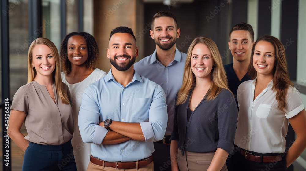Portrait of group business people standing together in the office, happy teamwork looking at camera Portrait of group business people standing together in the office, happy teamwork looking at camera