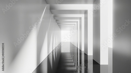abstract black and white background with long corridor in the center, minimalistic geometric lines on clean wall, light reflection from the floor