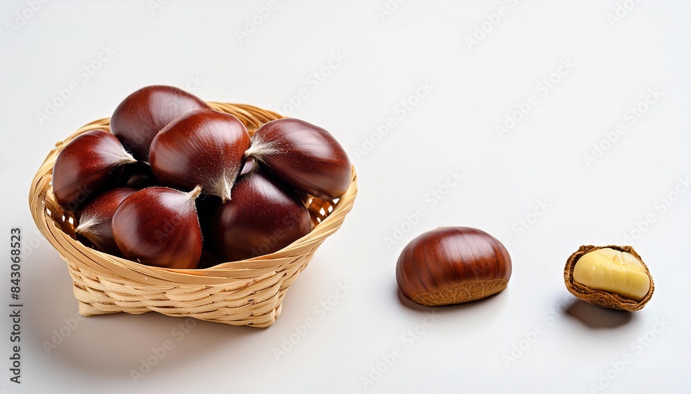 Obraz premium Sweet chestnut - Castanea sativa - isolated on white background with copy space. Eaten as a stuffing or cooked with pheasant, duck, goose, and chicken, pork and beef are considered a delicacy by many