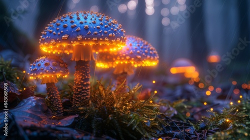 A mystical scene of luminescent blue mushrooms in a dark, moody forest, evoking enchantment and magic © svastix
