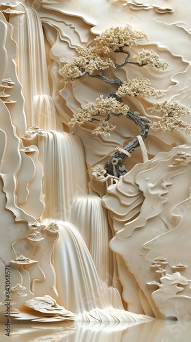 Fototapeta Naklejka Na Ścianę i Meble -  Beautiful landscapes 3d relief wallpaper. Mural wallpaper. Wall art. AI generated illustration