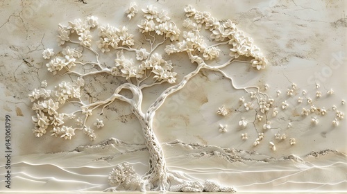 Fototapeta Naklejka Na Ścianę i Meble -  Beautiful Chinese landscape 3d relief wallpaper. Mural wallpaper. Wall art. AI generated illustration.