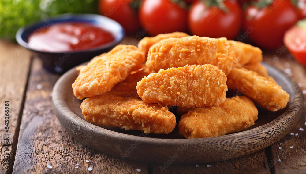 Classic chicken nuggets, tomato sauce. Delicious meal. Tasty fast food. Nutritious snack. Close-up. Classic chicken nuggets, tomato sauce. Delicious meal. Tasty fast food. Nutritious snack. Close-up.