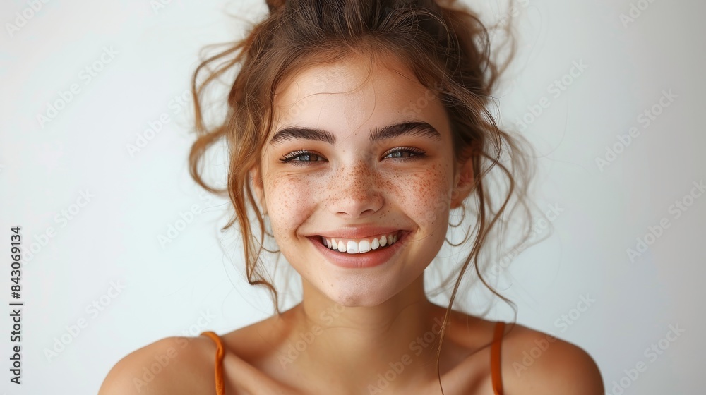 High-spirited portrait of a young girl with distinct freckles and a contagious smile looking directly at the camera High-spirited portrait of a young girl with distinct freckles and a contagious smile looking directly at the camera